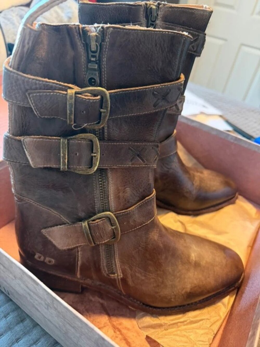 Bed|Stü Blanchett Triple Buckle Moto Boots Womens SZ 9 Taupe Rustic Tremolo Wash